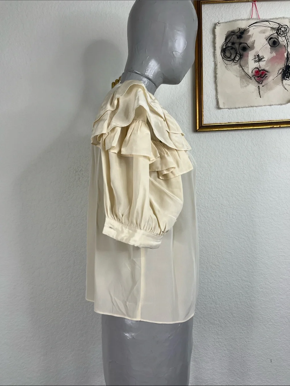 Ulla Johnson Nova Covered Button Yoke Ruffle Sleeve Silk Top Bone